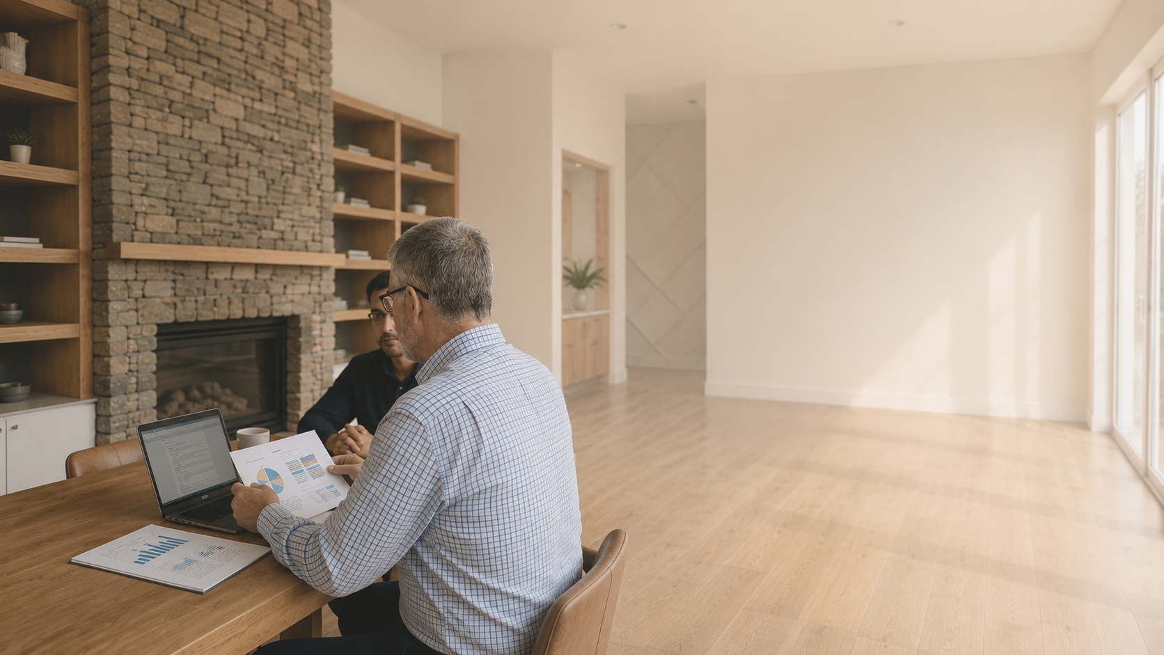 Advisors reviewing business performance by the fireplace